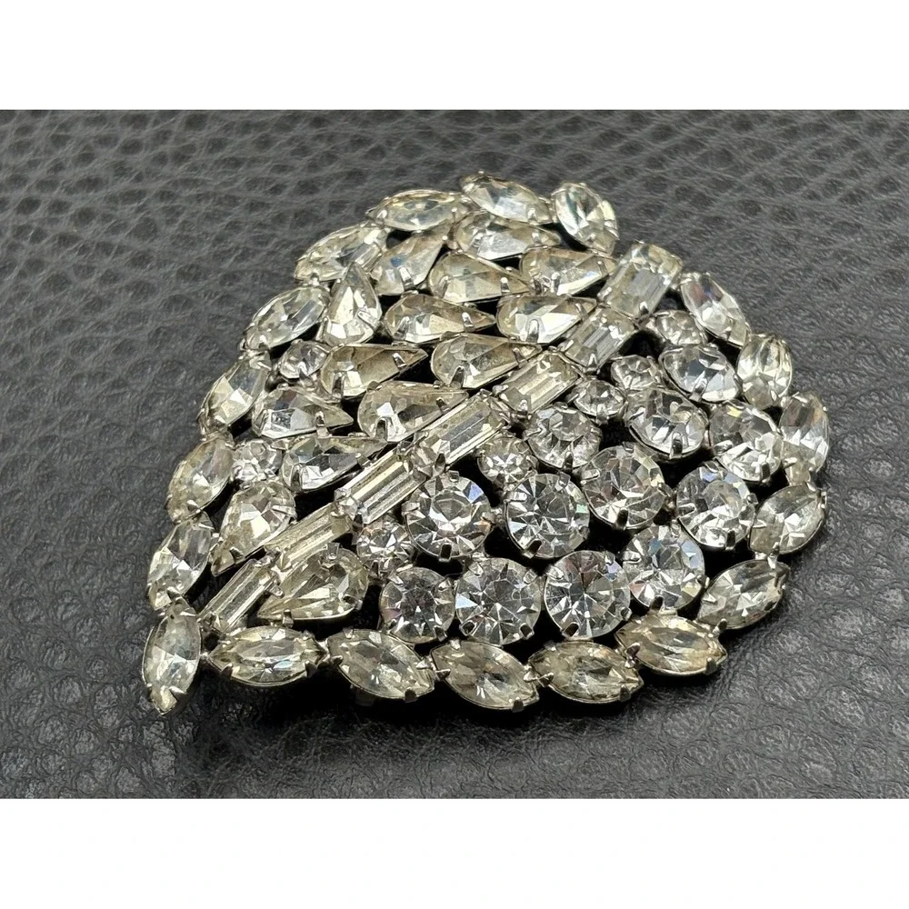 Vintage Huge Large Clear Rhinestone Leaf Brooch Pin GORGEOUS